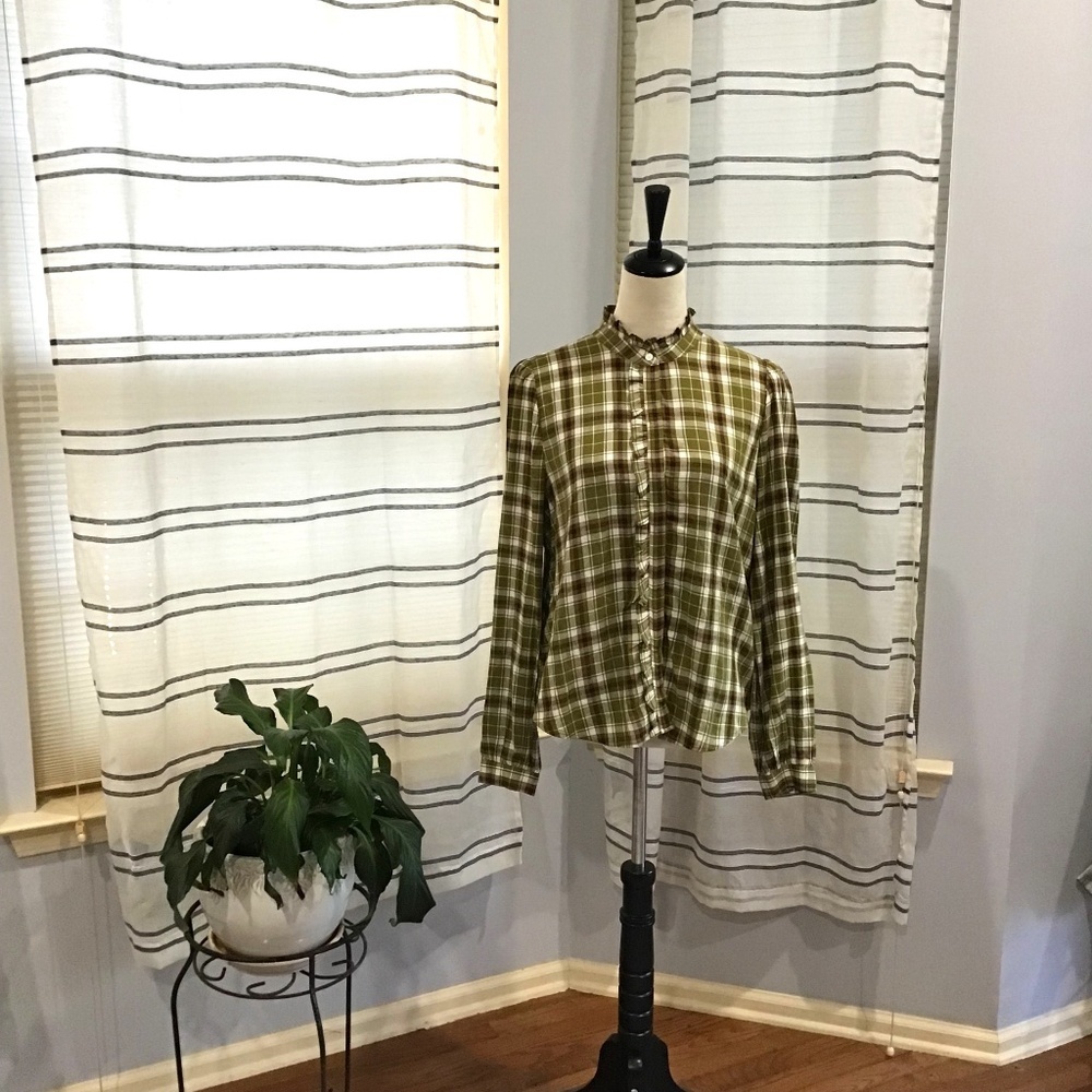 Loft Women’s Size Small Ruffle Green Plaid Collar Shirt Button Down Linen Boho